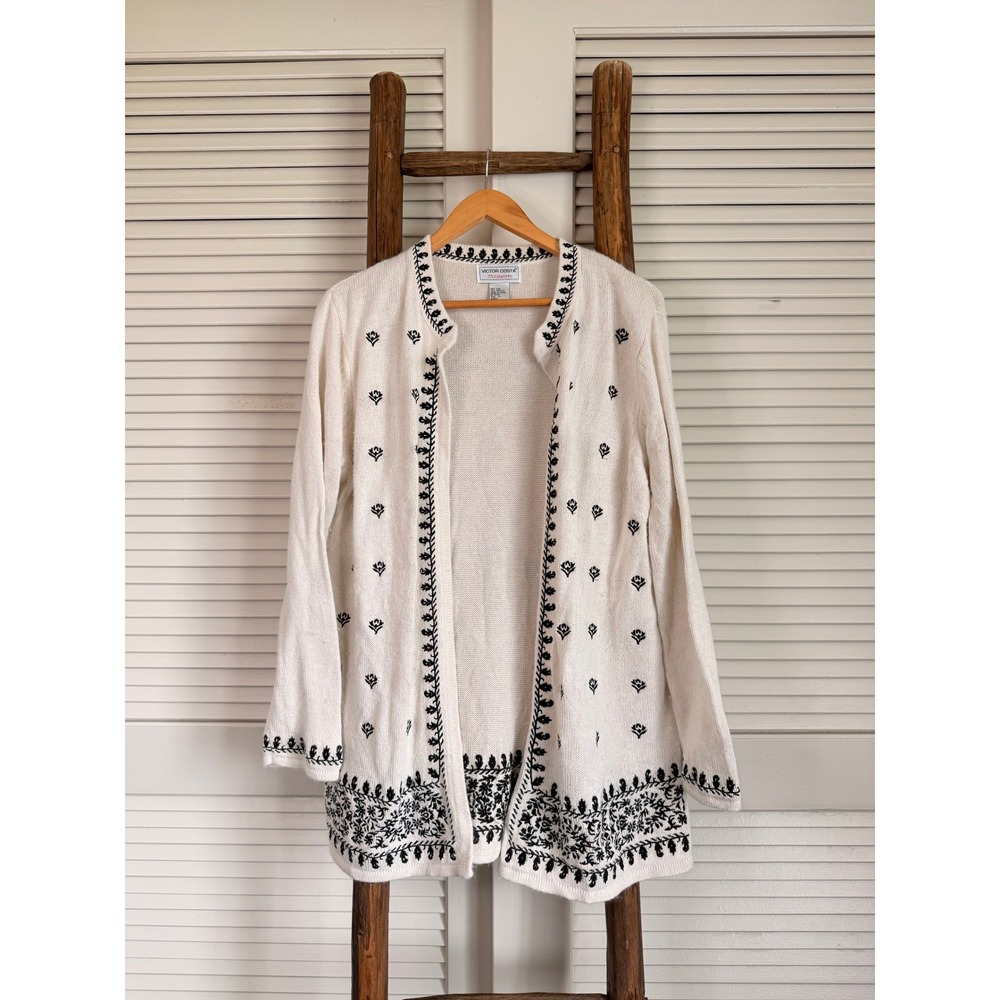 Victor Costa Occasion Silk Blend Open Front Cardigan Sweater Large Cream Black